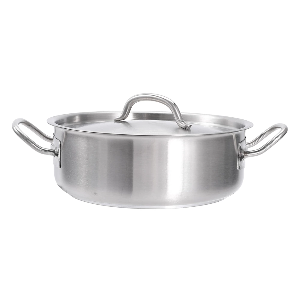 Commercial Shallow Stainless Steel Stew Pot With Lid, Welded Double‑Handled Low‑Profile Stock Pot For Restaurant Kitchen