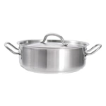 Commercial Shallow Stainless Steel Stew Pot With Lid, Welded Double‑Handled Low‑Profile Stock Pot For Restaurant Kitchen