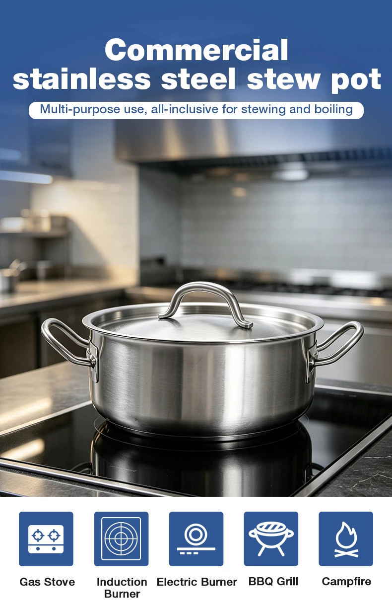 Commercial Shallow Stainless Steel Stew Pot With Lid, Welded Double‑Handled Low‑Profile Stock Pot For Restaurant Kitchen