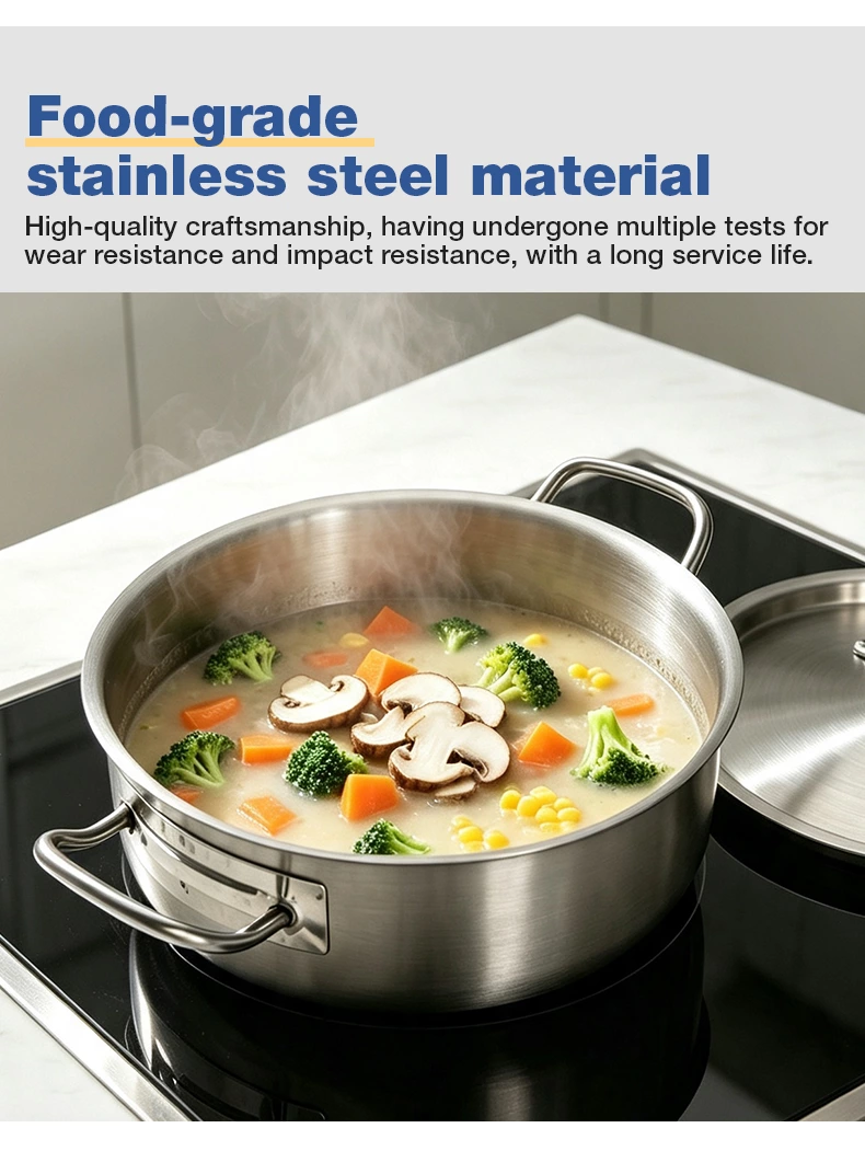 Commercial Shallow Stainless Steel Stew Pot With Lid, Welded Double‑Handled Low‑Profile Stock Pot For Restaurant Kitchen