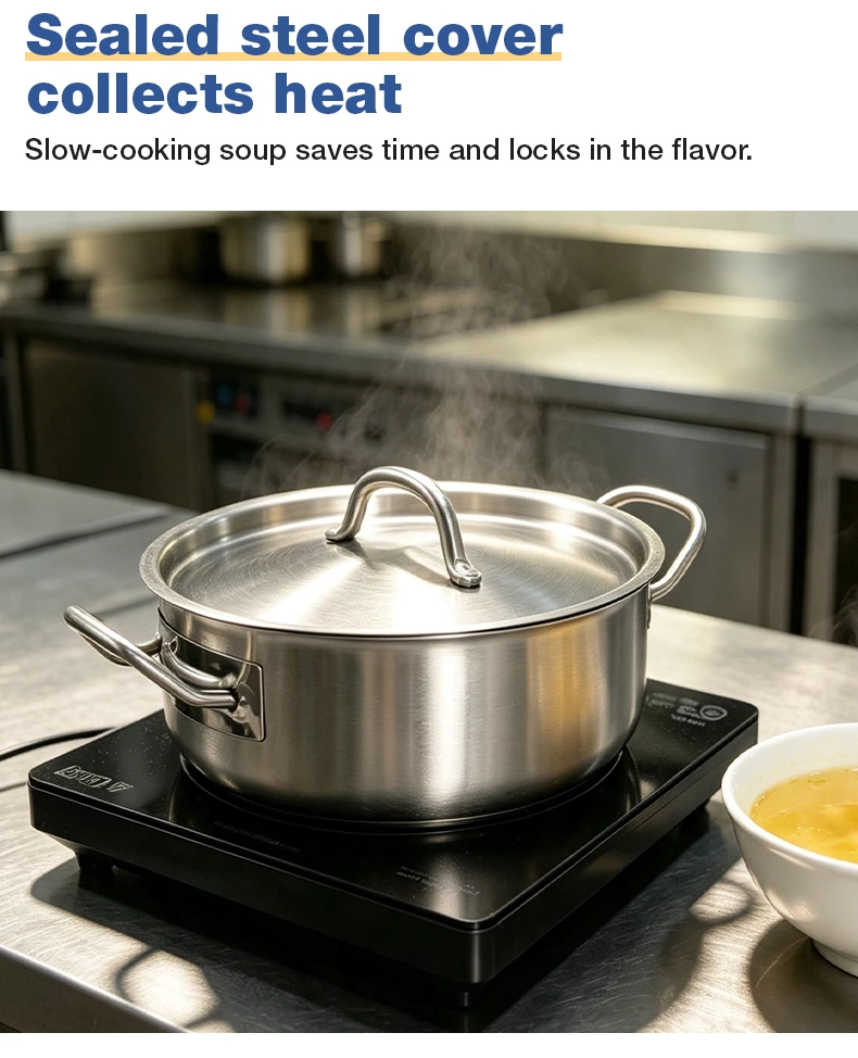 Commercial Shallow Stainless Steel Stew Pot With Lid, Welded Double‑Handled Low‑Profile Stock Pot For Restaurant Kitchen