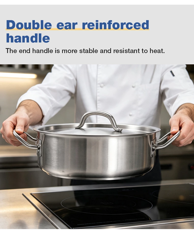 Commercial Shallow Stainless Steel Stew Pot With Lid, Welded Double‑Handled Low‑Profile Stock Pot For Restaurant Kitchen