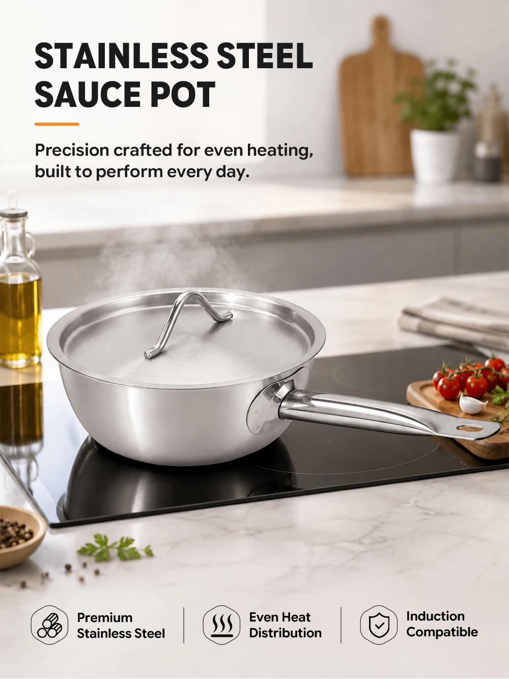 Stainless Steel Sauce Pan With Lid Long Handle Commercial Kitchen Saucepot for Catering Restaurant