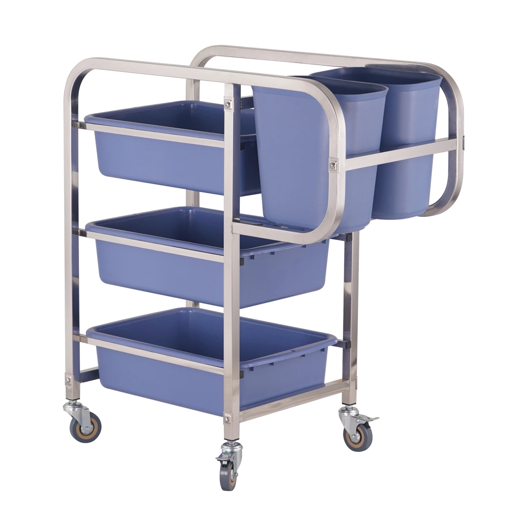 Stainless Steel Straight‑Leg Bussing Trolley, Commercial Dish Collection Cart with 5 Removable Plastic Bins for Restaurant Hotel Tableware Waste Collection