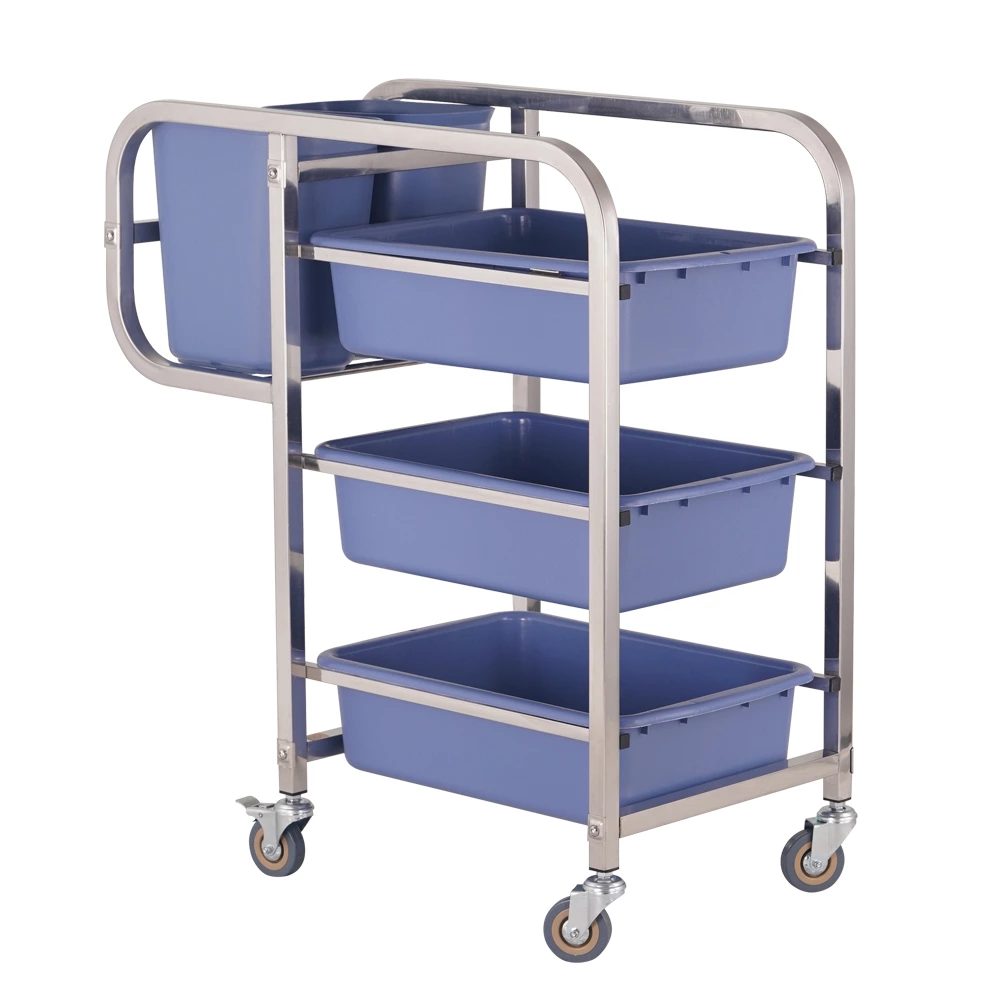 Stainless Steel Straight‑Leg Bussing Trolley, Commercial Dish Collection Cart with 5 Removable Plastic Bins for Restaurant Hotel Tableware Waste Collection
