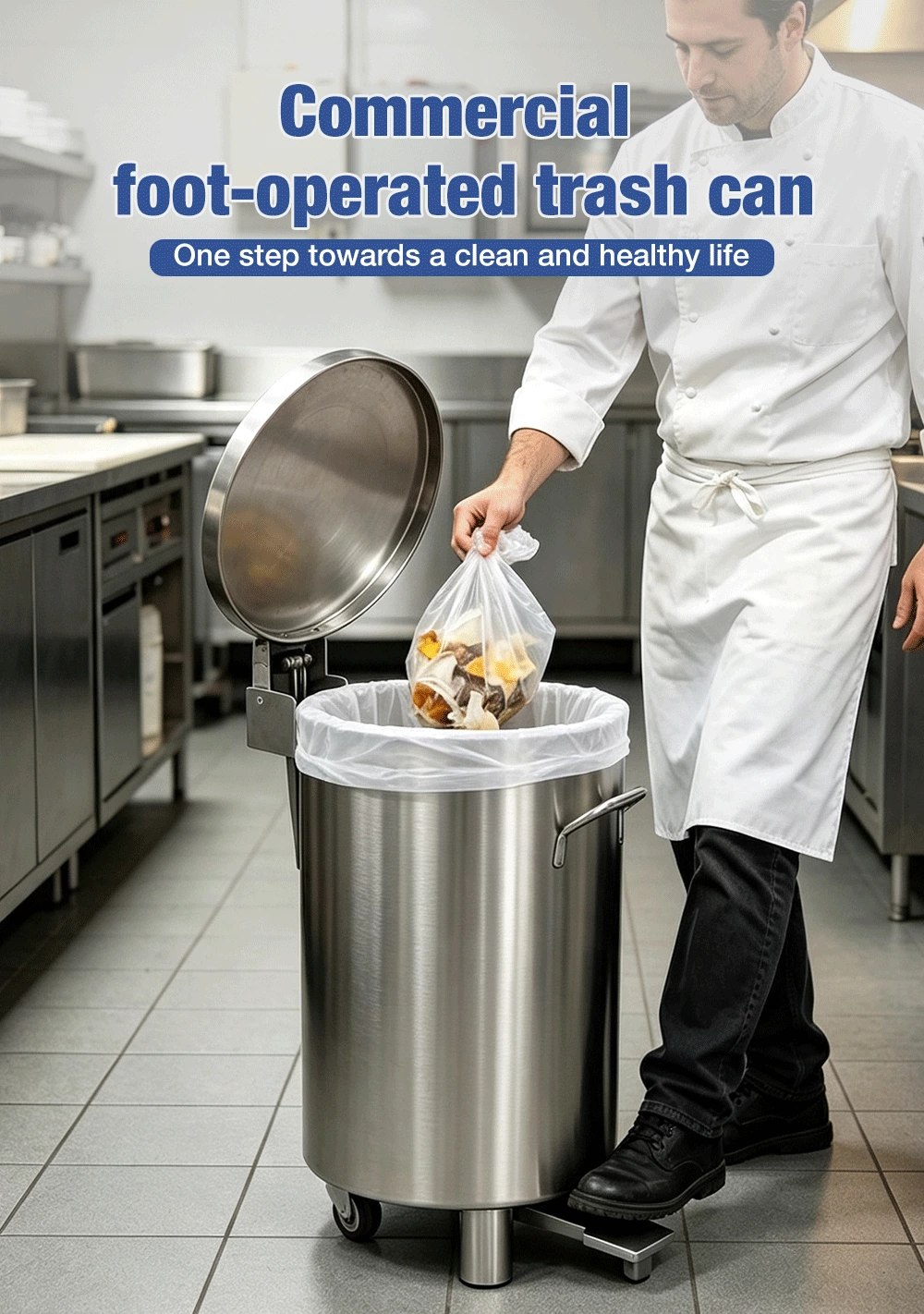 Stainless Steel Pedal Trash Can With Removable Inner Bucket & Wheels, Commercial Foot‑Operated Waste Bin for Kitchen Restaurant Hotel