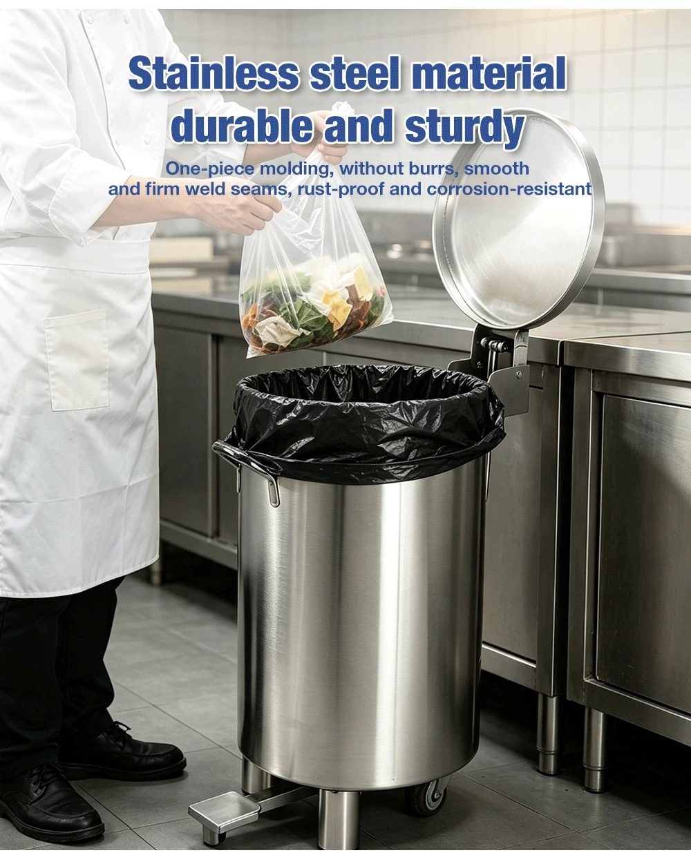 Stainless Steel Pedal Trash Can With Removable Inner Bucket & Wheels, Commercial Foot‑Operated Waste Bin for Kitchen Restaurant Hotel