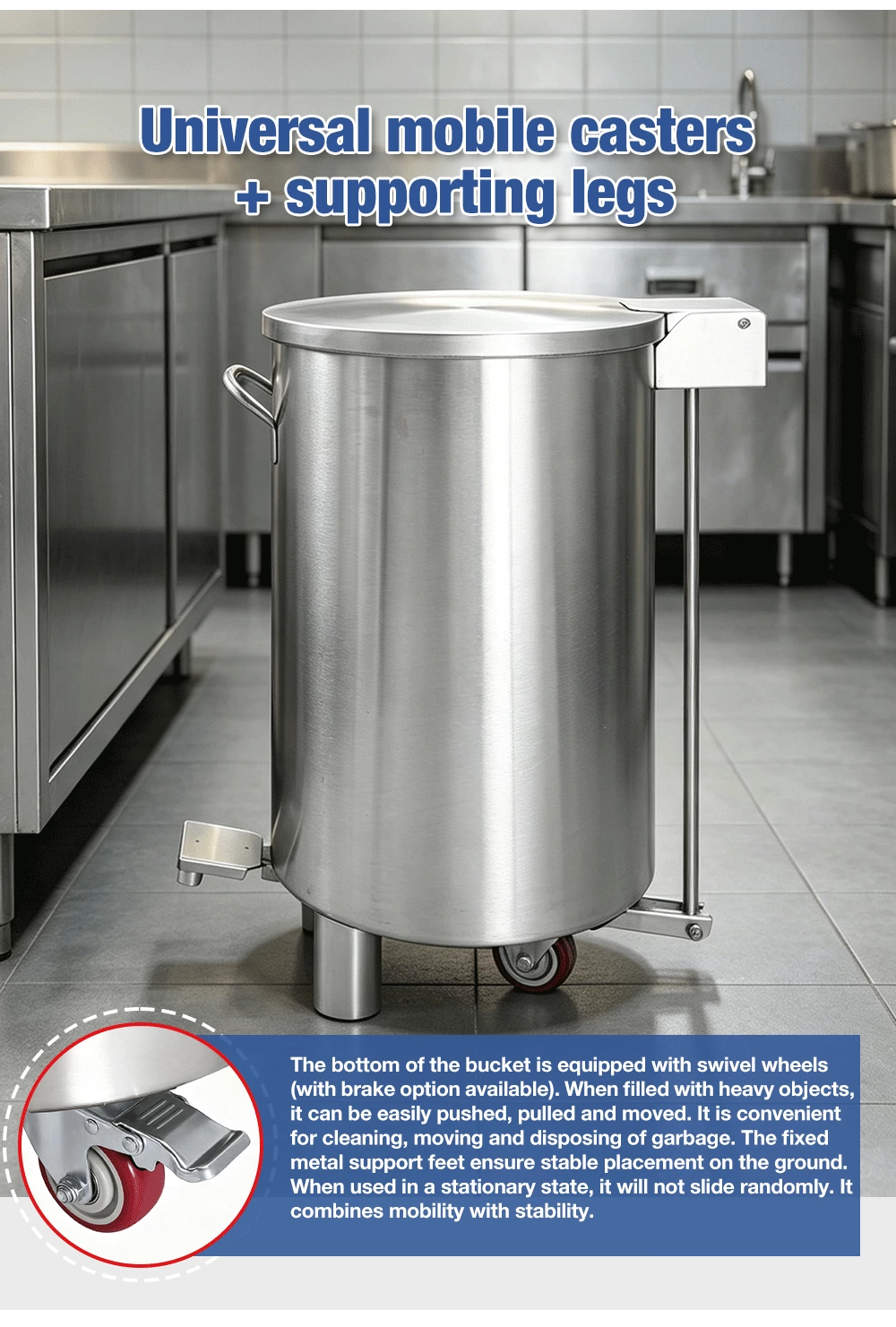 Stainless Steel Pedal Trash Can With Removable Inner Bucket & Wheels, Commercial Foot‑Operated Waste Bin for Kitchen Restaurant Hotel