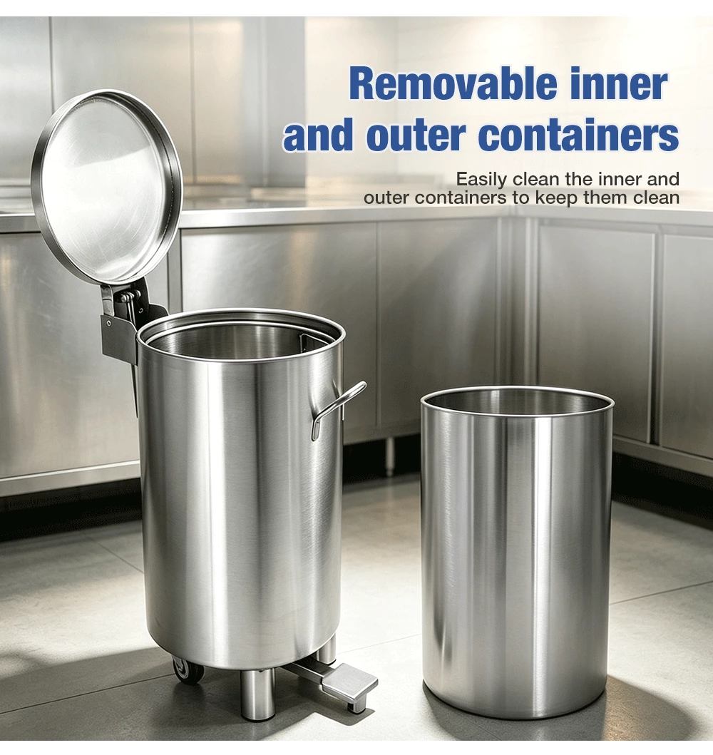 Stainless Steel Pedal Trash Can With Removable Inner Bucket & Wheels, Commercial Foot‑Operated Waste Bin for Kitchen Restaurant Hotel