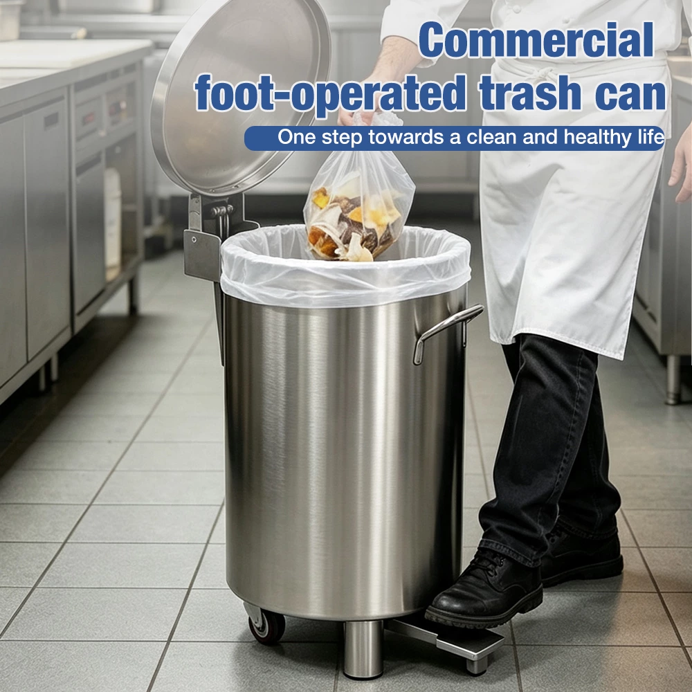 Stainless Steel Pedal Trash Can With Removable Inner Bucket & Wheels, Commercial Foot‑Operated Waste Bin for Kitchen Restaurant Hotel