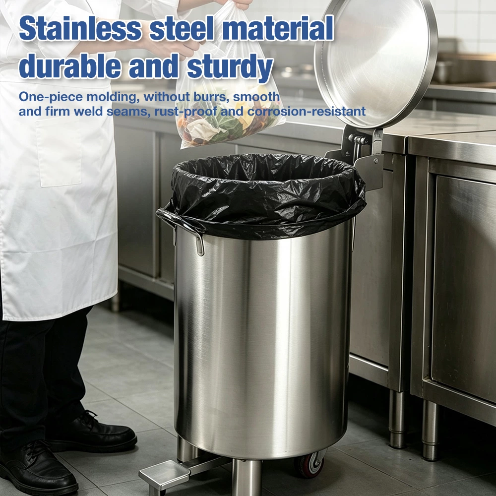 Stainless Steel Pedal Trash Can With Removable Inner Bucket & Wheels, Commercial Foot‑Operated Waste Bin for Kitchen Restaurant Hotel