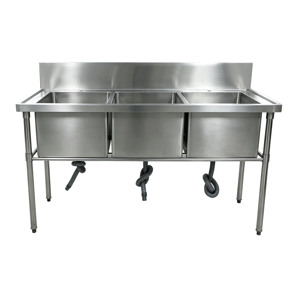 Commercial 3 Compartment Stainless Steel Sink, Free‑Standing Triple Bowl Kitchen Sink with Backsplash for Restaurant Cafe Kitchen