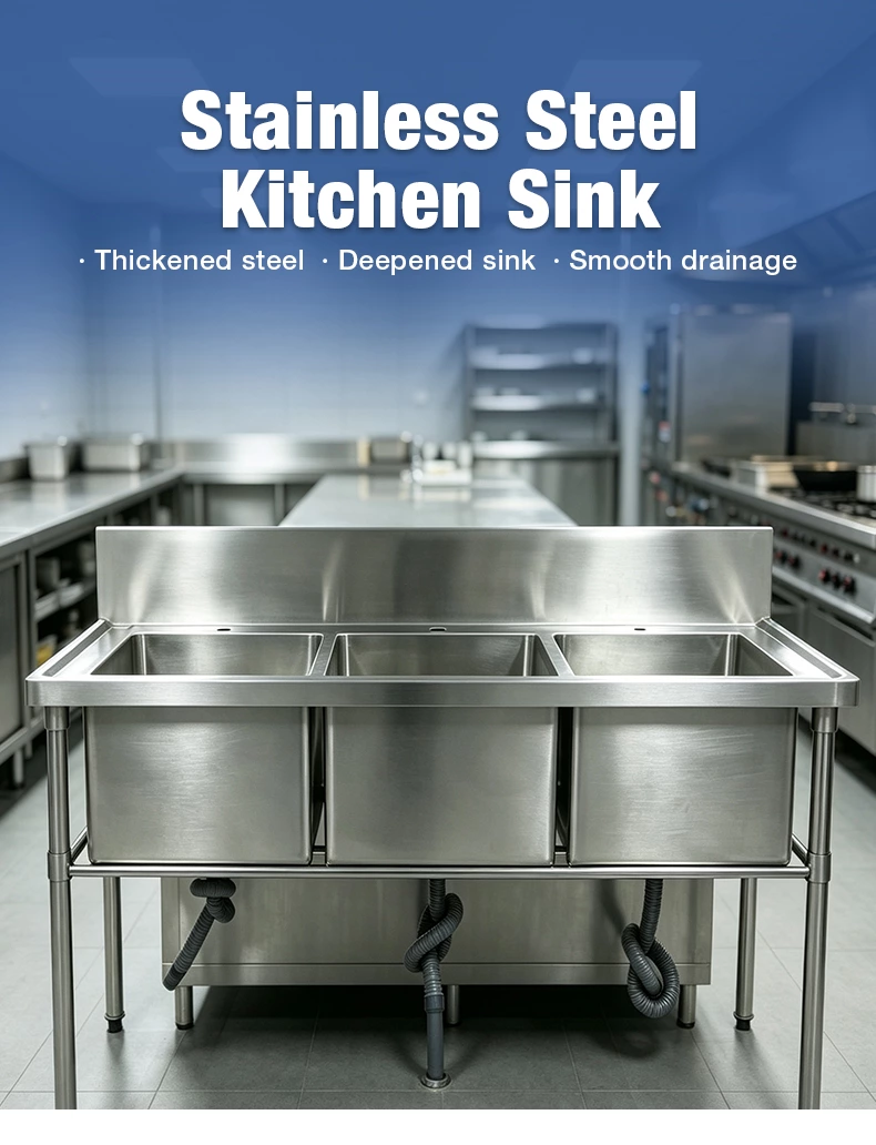 Commercial 3 Compartment Stainless Steel Sink, Free‑Standing Triple Bowl Kitchen Sink with Backsplash for Restaurant Cafe Kitchen