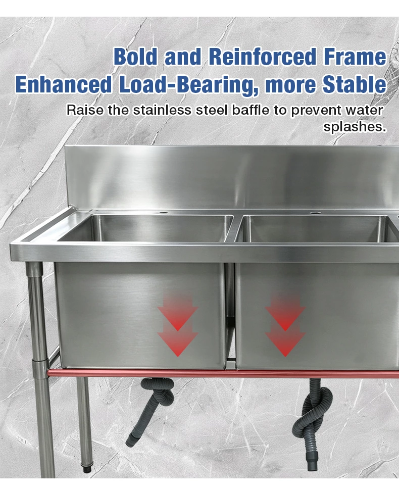 Commercial 3 Compartment Stainless Steel Sink, Free‑Standing Triple Bowl Kitchen Sink with Backsplash for Restaurant Cafe Kitchen