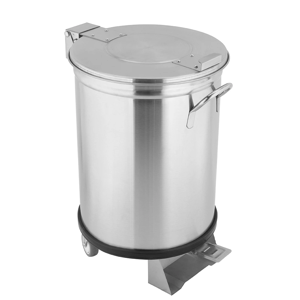 Stainless Steel Commercial Pedal Trash Can with Wheels, Round Mobile Foot Operated Waste Bin for Restaurant Kitchen