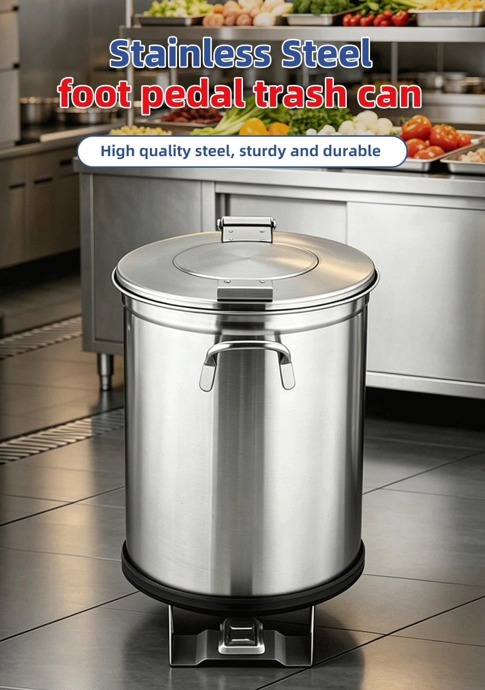 Stainless Steel Commercial Pedal Trash Can with Wheels, Round Mobile Foot Operated Waste Bin for Restaurant Kitchen
