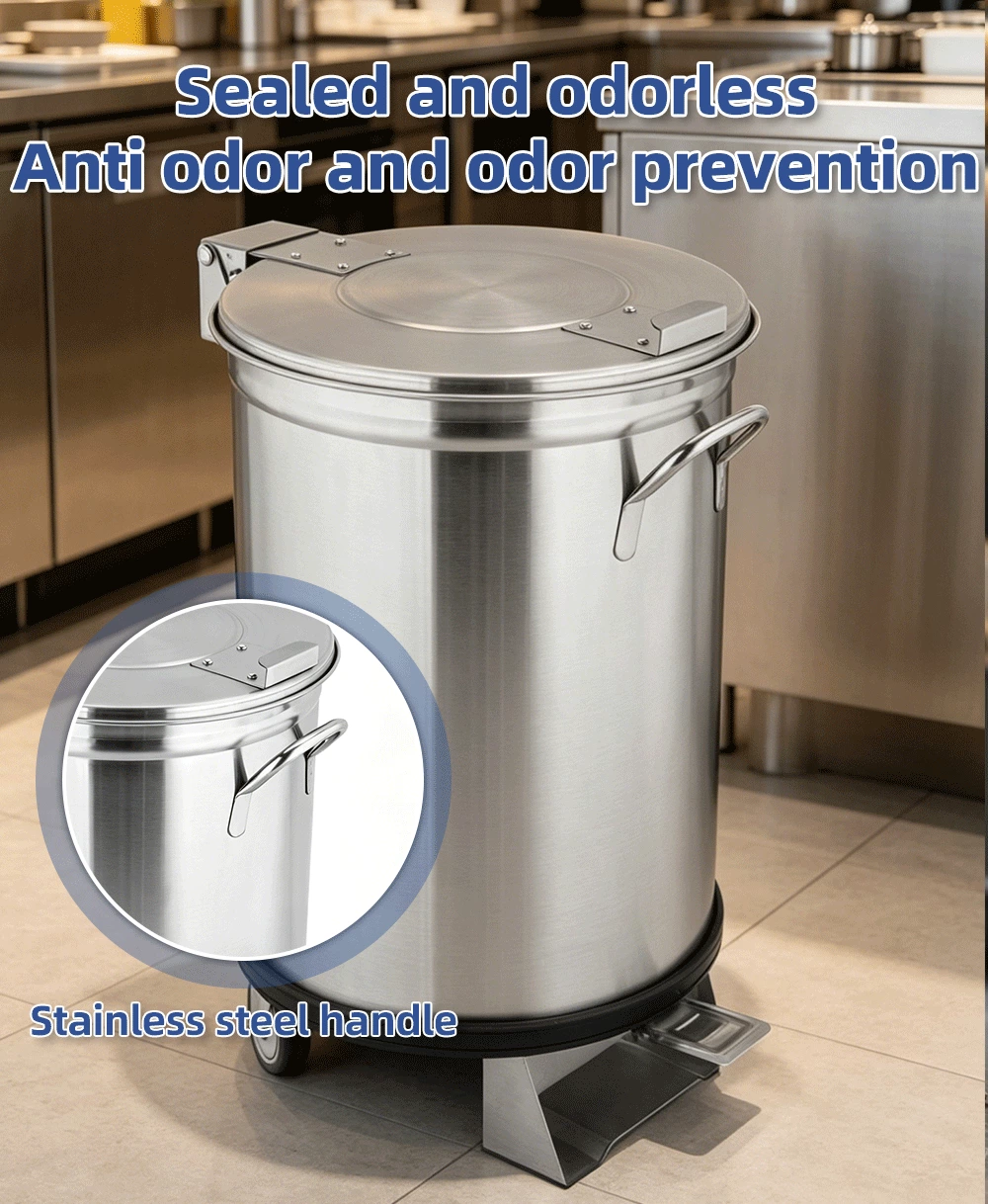 Stainless Steel Commercial Pedal Trash Can with Wheels, Round Mobile Foot Operated Waste Bin for Restaurant Kitchen