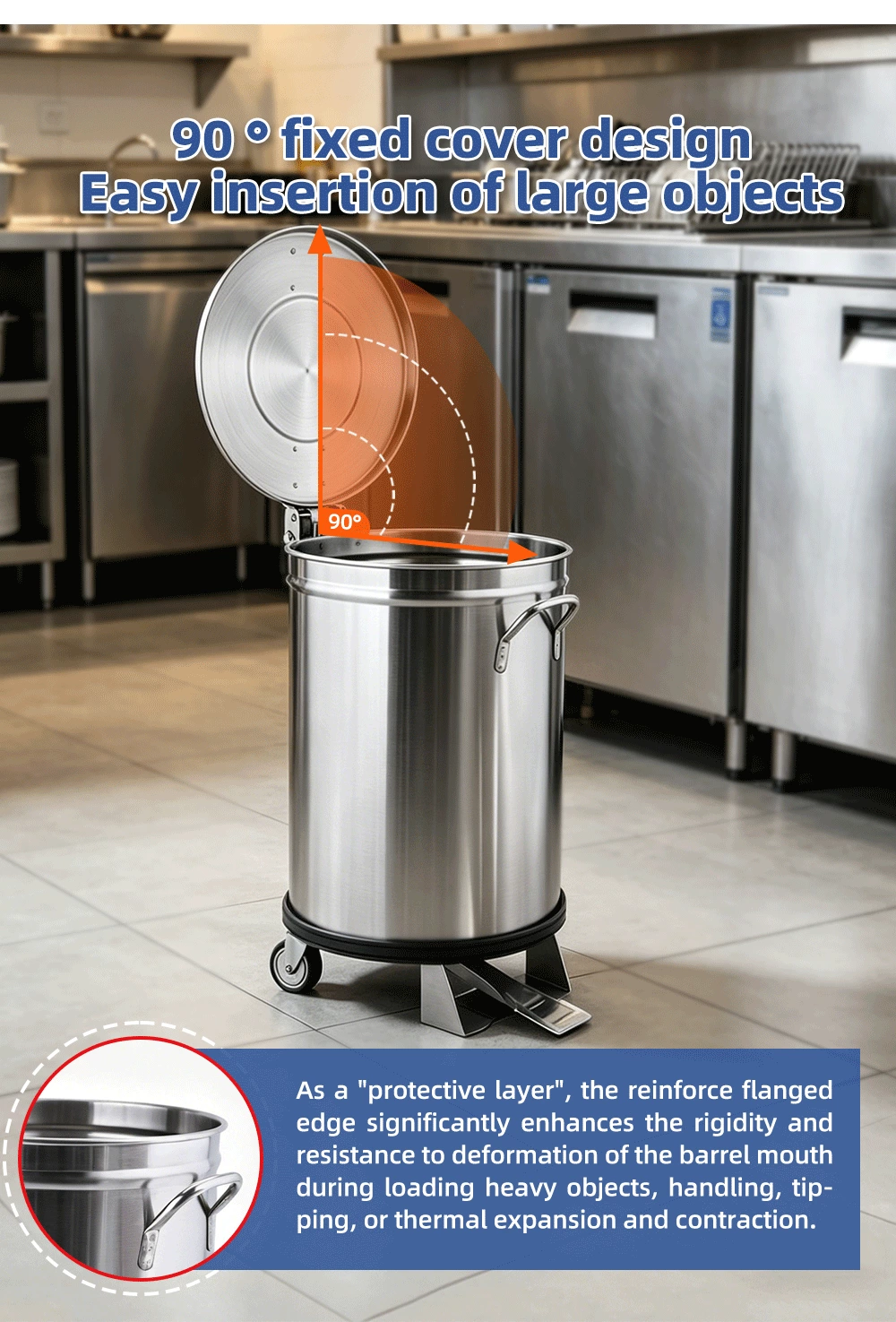 Stainless Steel Commercial Pedal Trash Can with Wheels, Round Mobile Foot Operated Waste Bin for Restaurant Kitchen