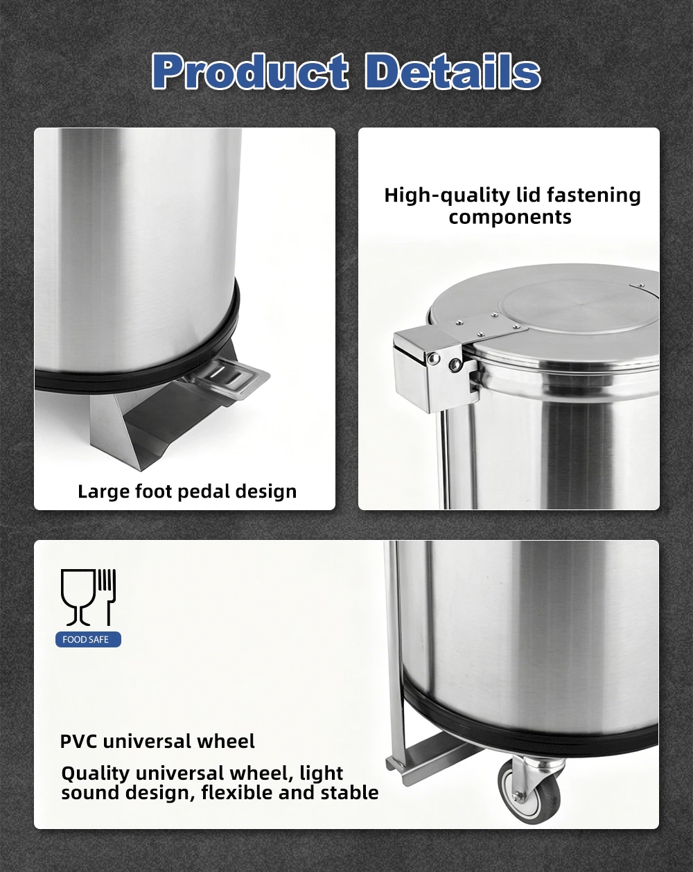 Stainless Steel Commercial Pedal Trash Can with Wheels, Round Mobile Foot Operated Waste Bin for Restaurant Kitchen