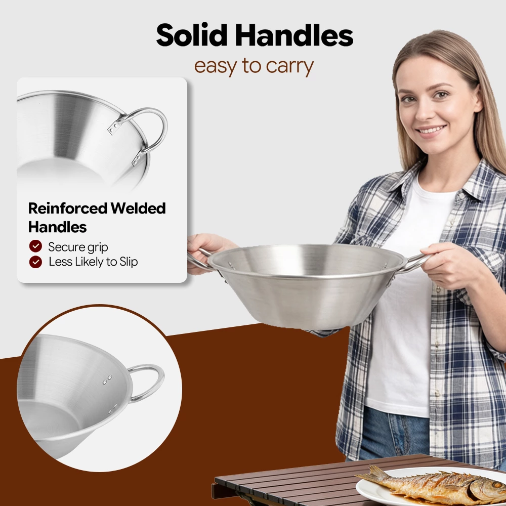 Commercial Low Profile Stainless Steel Wok Pan, Heavy‑Duty Wok for Restaurant, Canteen and Outdoor Street Vending