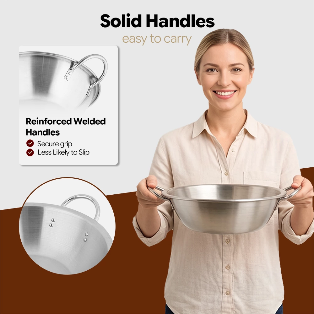 Outdoor Stainless Steel Wok with Riveted Dual‑Handles, Portable Large Stir‑Fry Pan for Camping & Commercial Street Vending