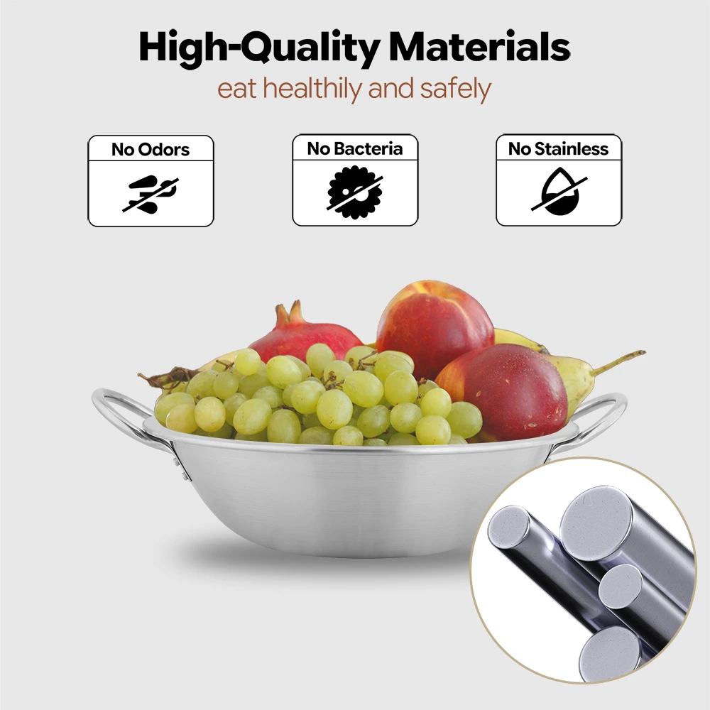 Outdoor Stainless Steel Wok with Riveted Dual‑Handles, Portable Large Stir‑Fry Pan for Camping & Commercial Street Vending