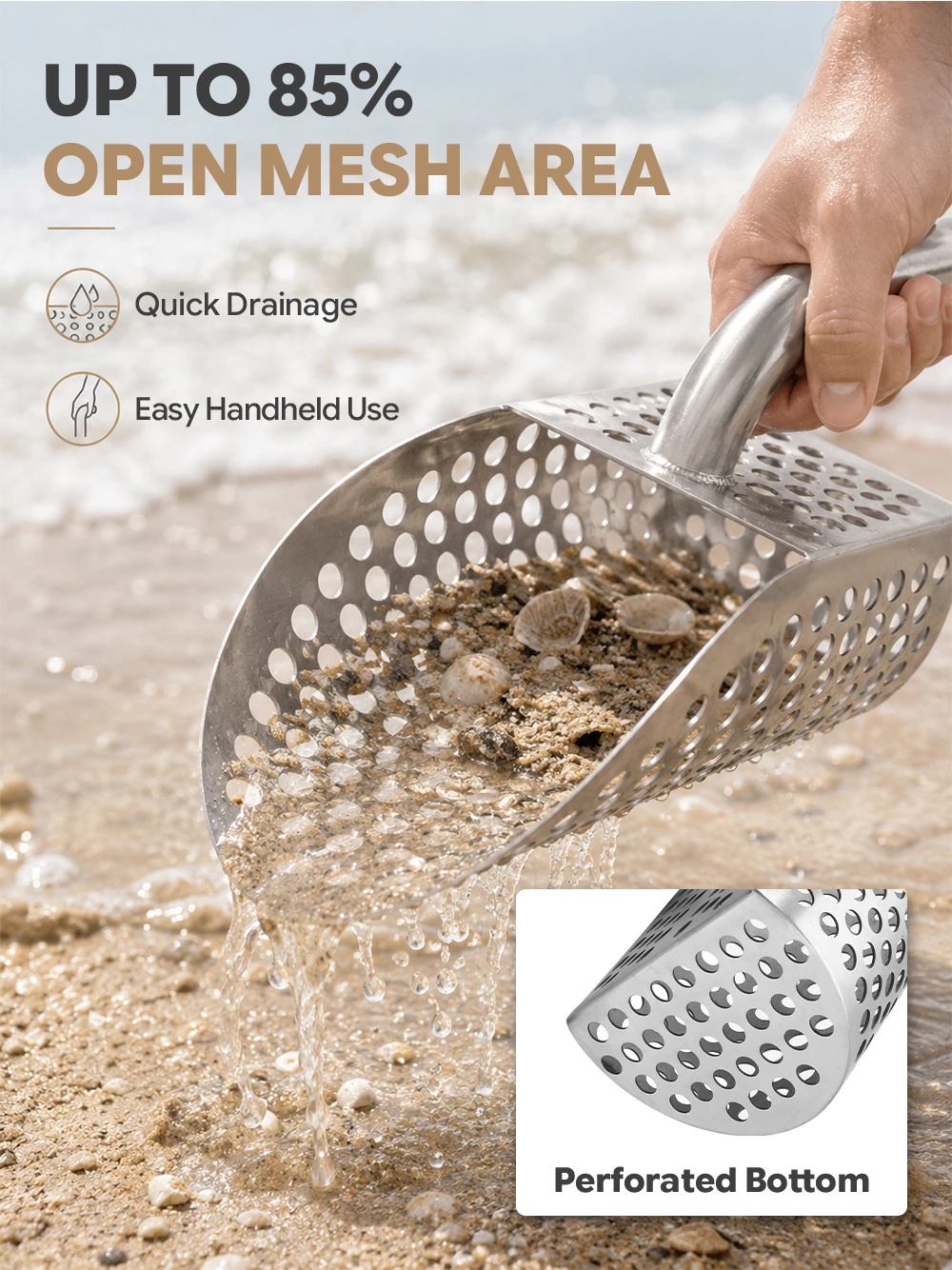 Stainless Steel Perforated Gold Prospecting Scoop, Sand Sifting Screen Scoop for River Beach Gold Panning